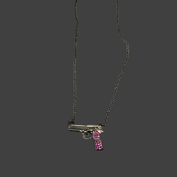 Gun Pendant Necklace – small / Pink Sapphire Detail