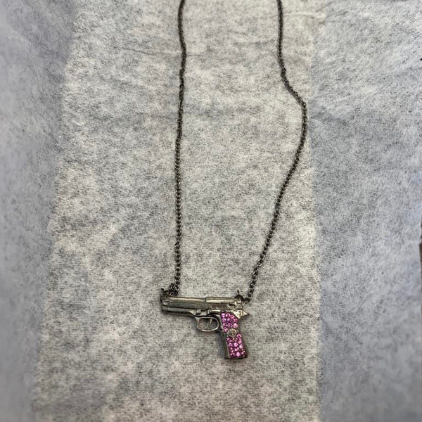Gun Pendant Necklace – small / Pink Sapphire Detail