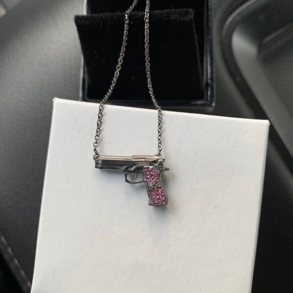 Gun Pendant Necklace – small / Pink Sapphire Detail