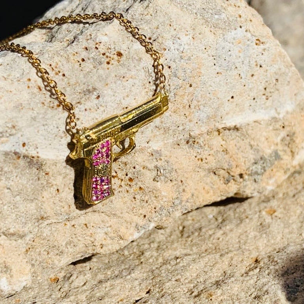 Gun Pendant Necklace – small / Pink Sapphire Detail