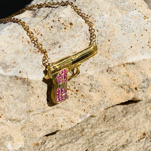 Gun Pendant Necklace – small / Pink Sapphire Detail