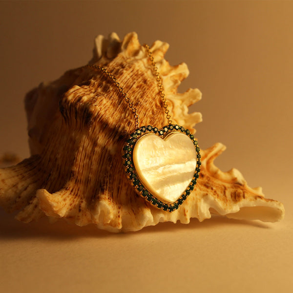 Mother of Pearl Heart Necklace with Black Diamonds