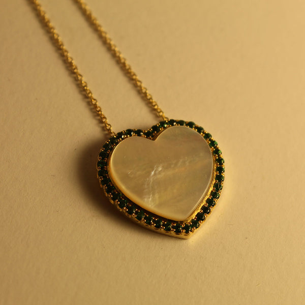 Mother of Pearl Heart Necklace with Black Diamonds