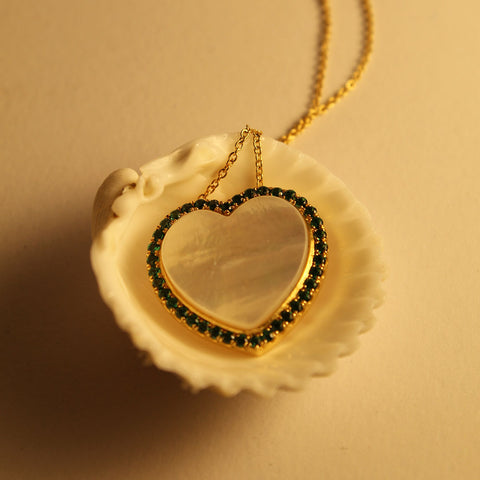 Mother of Pearl Heart Necklace with Black Diamonds